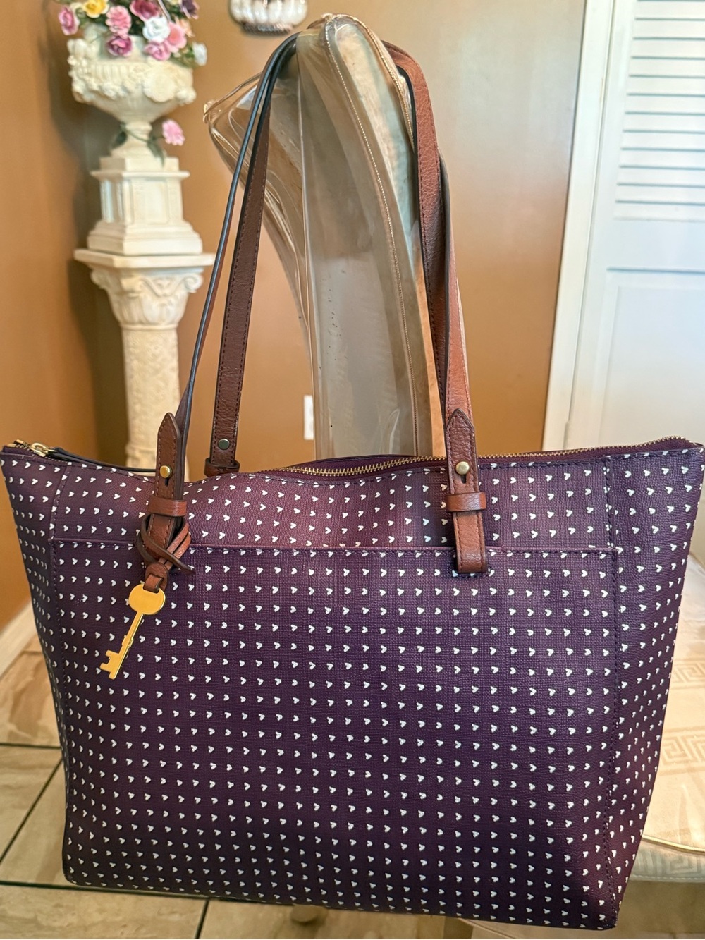 Fossil Burgundy Tote with Brown Leather Straps